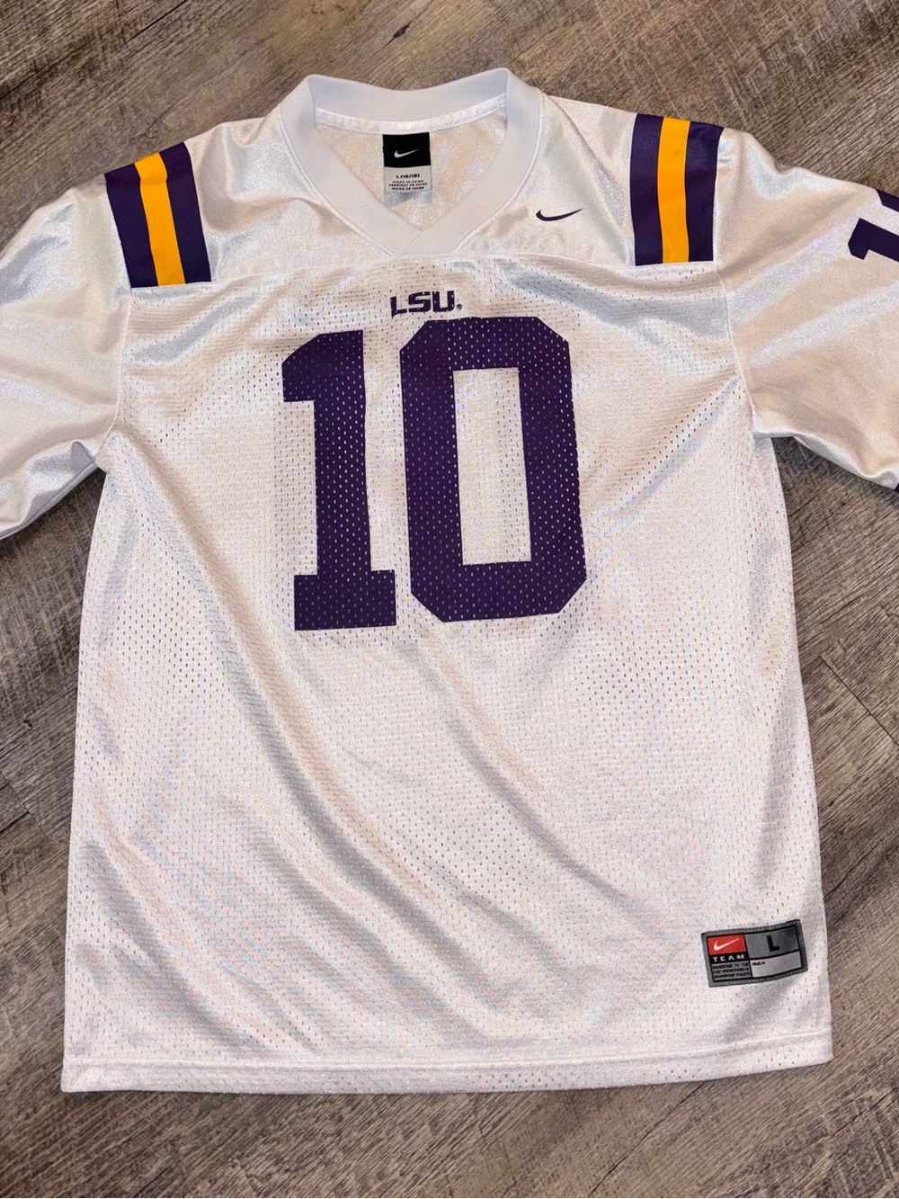 Nike LSU Tigers Youth L Team Jersey #10 White NCAA College Football Louisiana